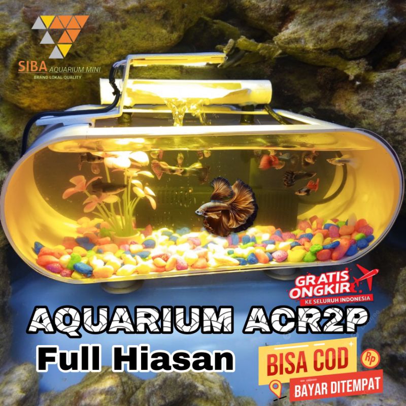 Aquarium Mini Akrilik full set Air Terjun Minimalis Ikan Hias Lampu Warna Pompa filter komplit