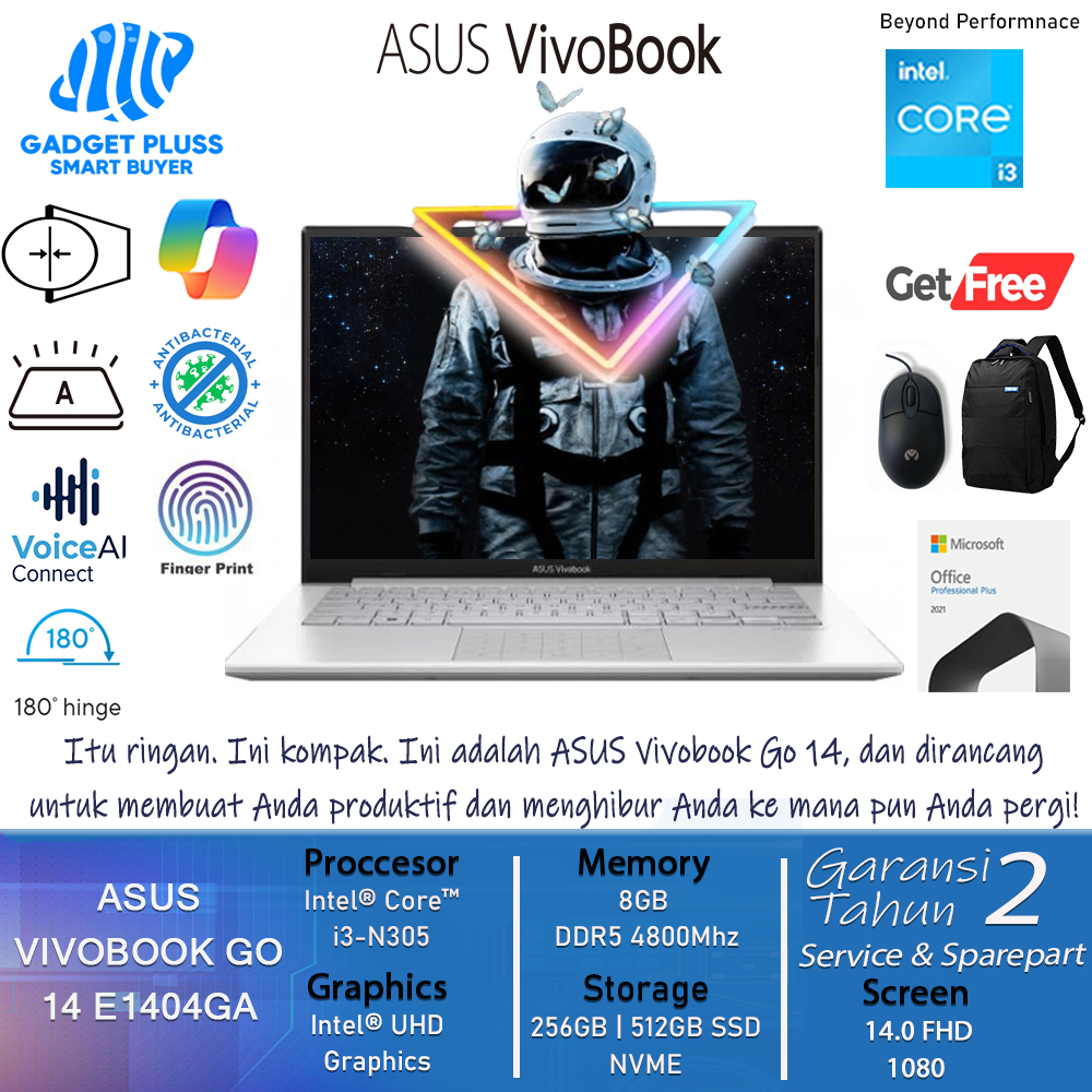 Laptop Asus VivoBook GO 14 E1404GA Intel Core I3 N305 Ram 8GB 512GB SSD FinggerPrint Windows 11 Offi