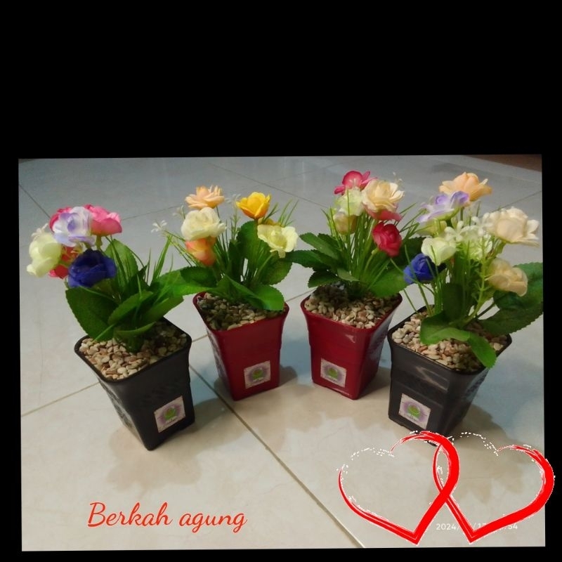 SET BUNGA PLASTIK HIAS MAWAR DENGAN POT KOTAK TINGGI RANGKAIAN BUNGA HIAS PLASTIK BUNGA DEKORASI HIA