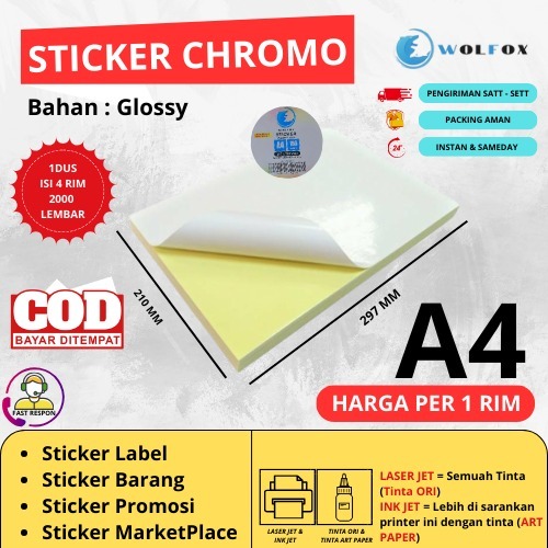 

STIKER LABEL A4 ISI 500 LEMBAR / KERTAS STICKER CHROMO GLOSSY A4