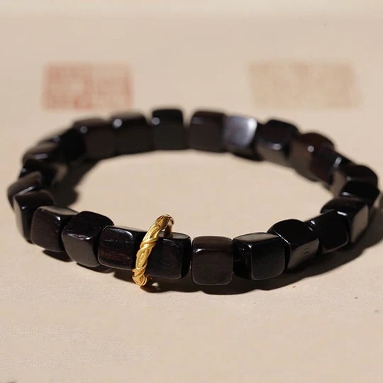 Gelang Tasbih Kotak Kayu Hitam Tibet Style - Black Ebony Square Beads Gold Ring Bracelet Bangles Tib