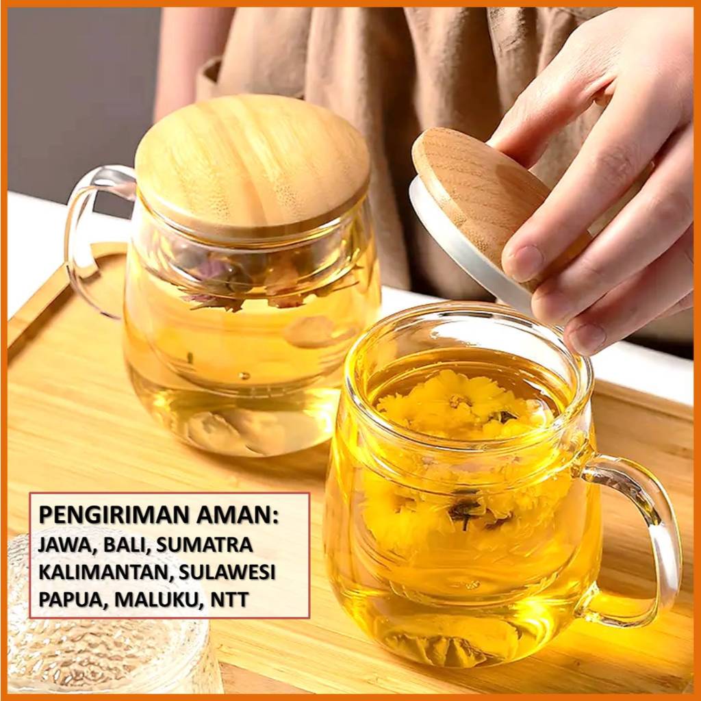 Mug Cangkir Gelas Kopi Teh Set Saringan Infuser Tutup Kayu / Gelas Kaca Unik Dengan Saringan Infuser