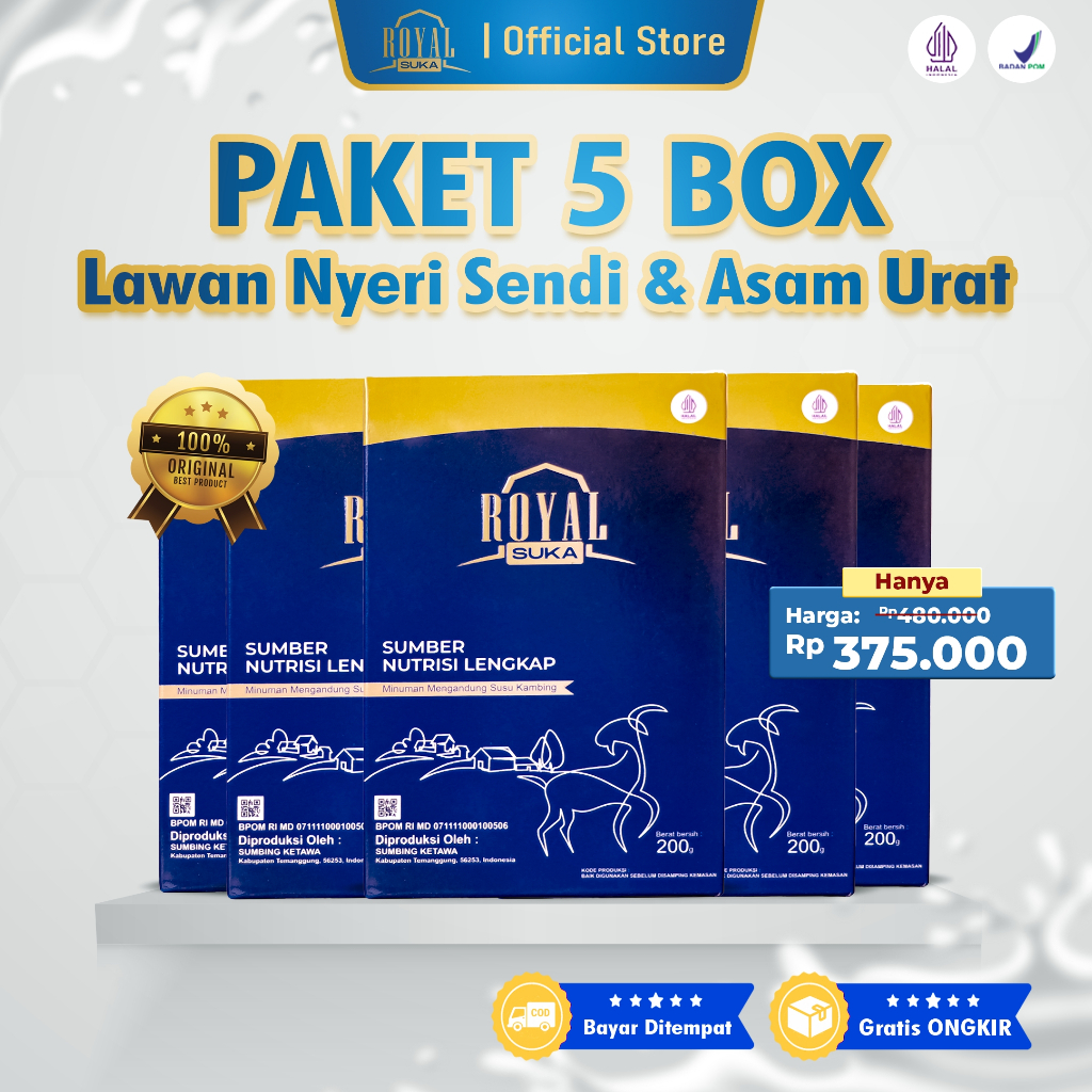 

Paket 5 Box - ROYALSUKA - Susu sendi dan tulang - Susu perbaiki pernafasan - susu kambing etawa - susu nutrisi