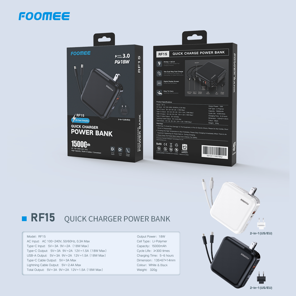 Foomee RF15 Power Bank 15000mAh QC 3.0 PD18W LED Display Fast Charge Type C / Iphone Lightning Murah