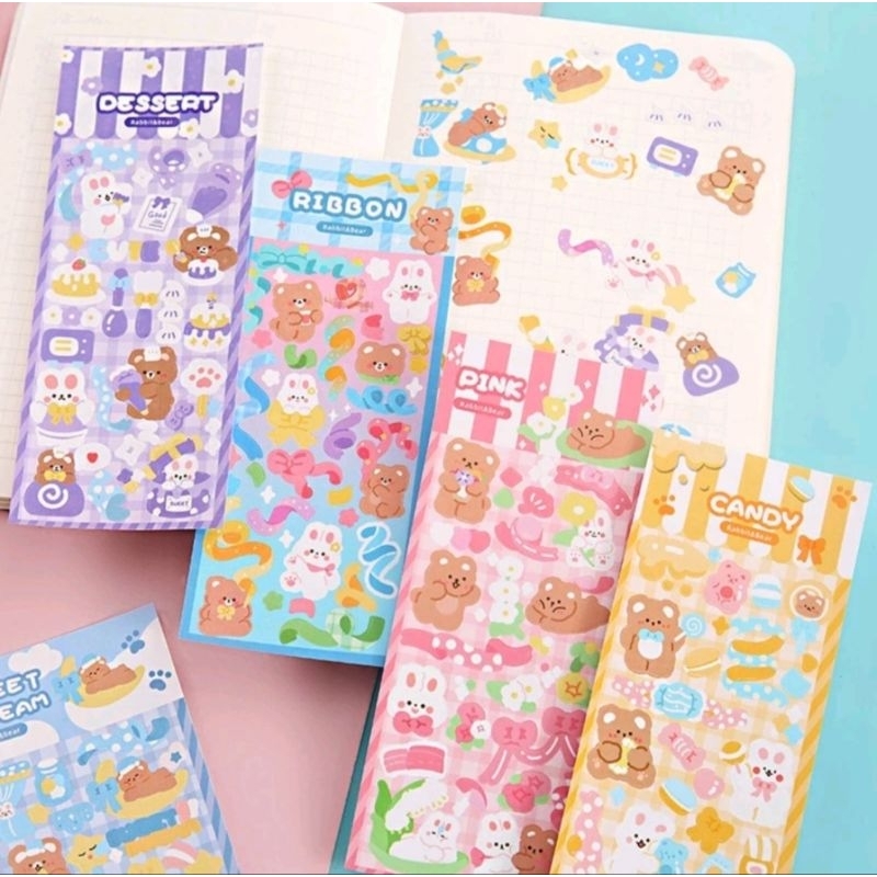 

Sticker Waterproof Kartun Bear Rabbit Hologram Stiker Motif Kartun Beruang dan Kelinci Korea Luci Anti Air