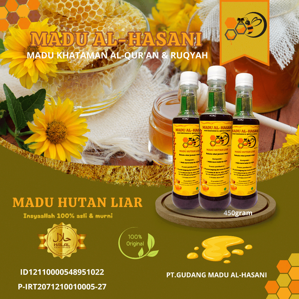 

Madu Khataman Al-Qur'an & Ruqyah, Madu Al-Hasani Asli & Murni Hutan Liar 450 Gram - Honey - Syrup