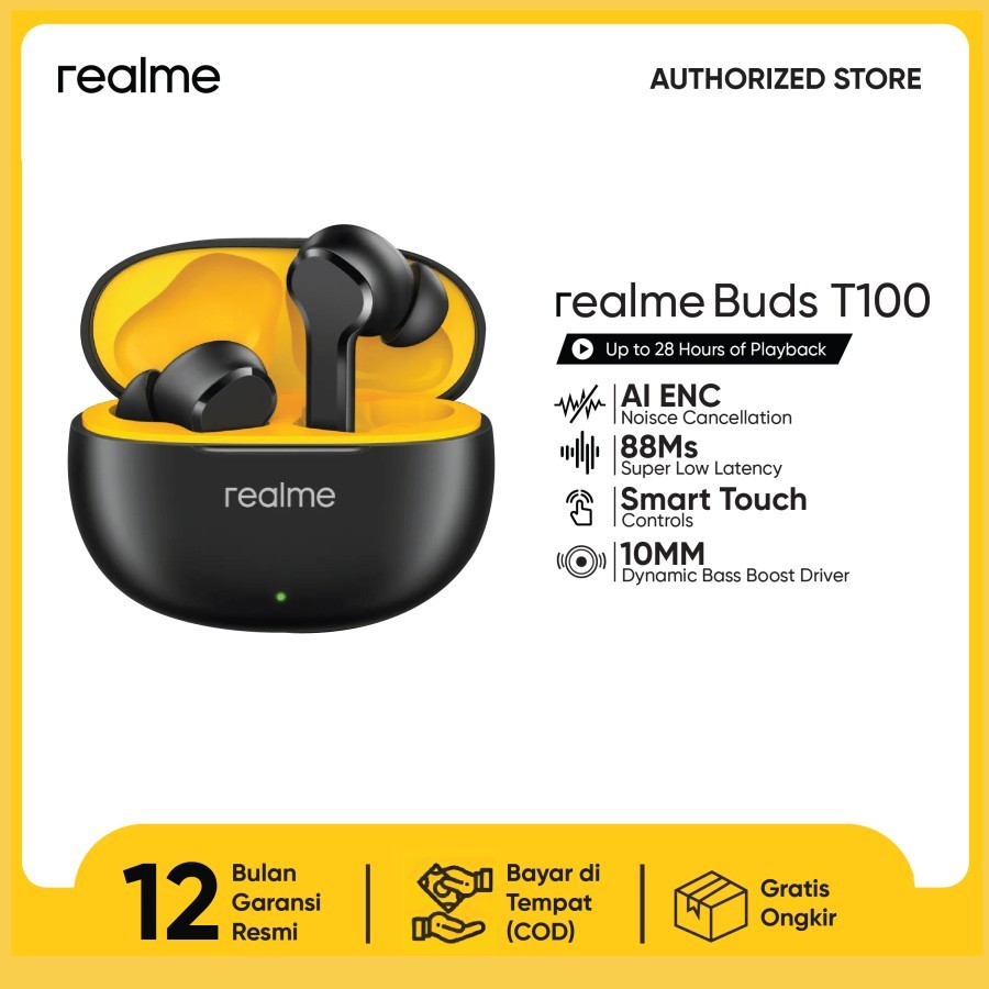 realme Buds T100 TWS BLACK | Garansi Resmi 1 Tahun