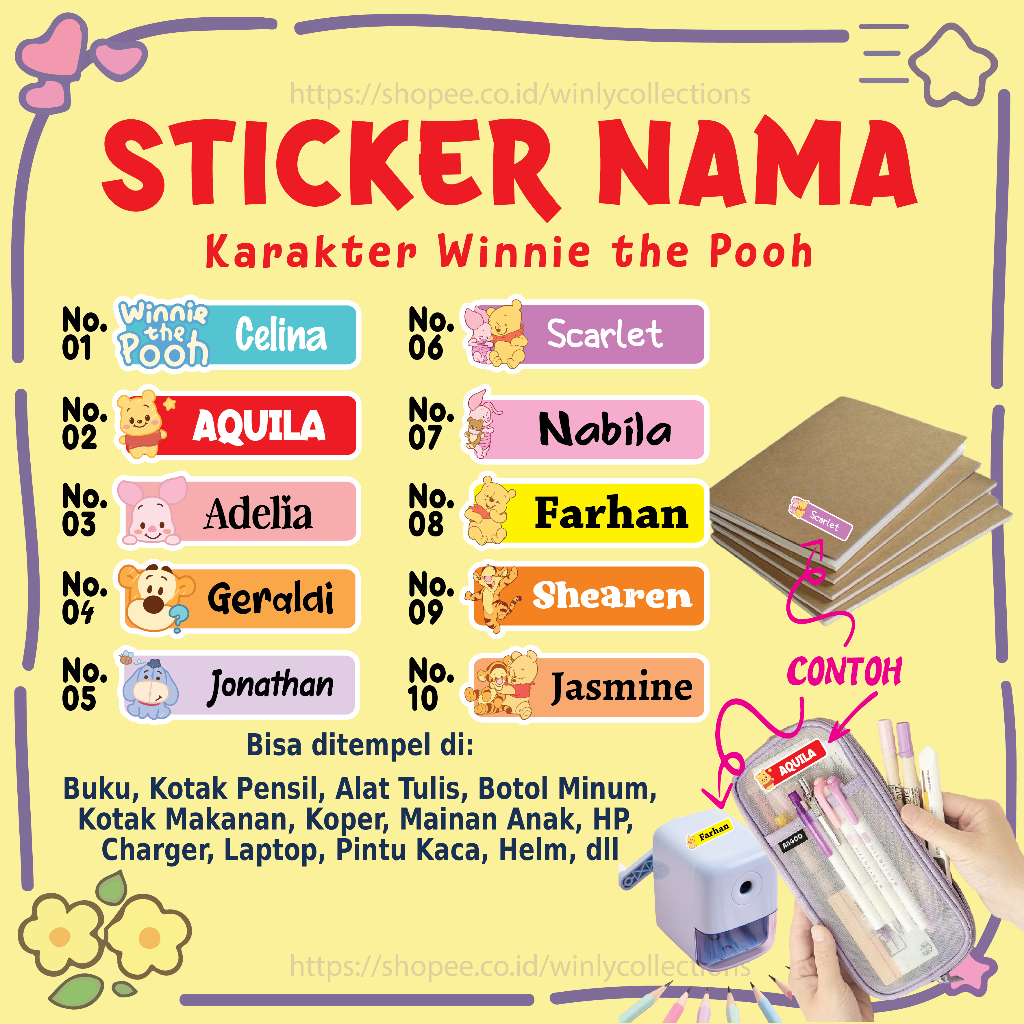 

STIKER LABEL NAMA WINNIE THE POOH STICKER CUSTOM LEBEL PREMIUM MURAH LUCU BISA TEMPEL DI BUKU KOTAK PENSIL HELM BOTOL MINUM KOTAK MAKANAN ALAT TULIS KOPER LAPTOP HP PINTU KACA MAINAN ANAK