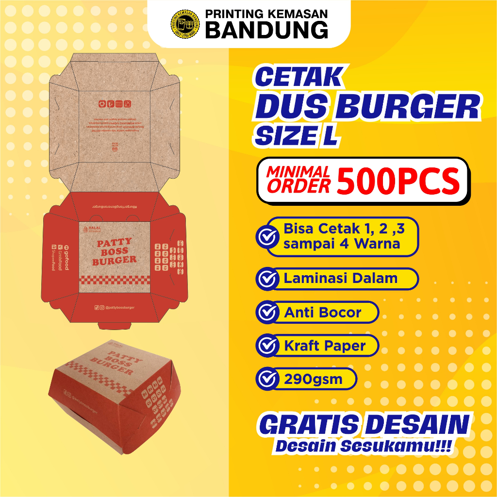 Custom cetak printing box burger size L kraft 290gr min 500 pcs