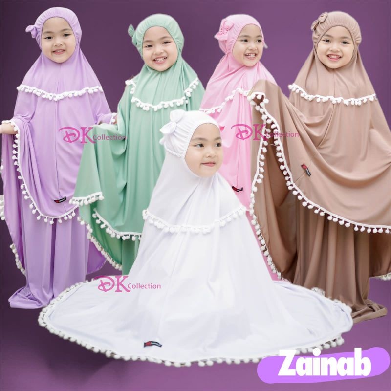 Mukena Anak Pompom Zainab | Mukena Anak Perempuan | Mukena Jersey | Mukena anak perempuan bahan jers