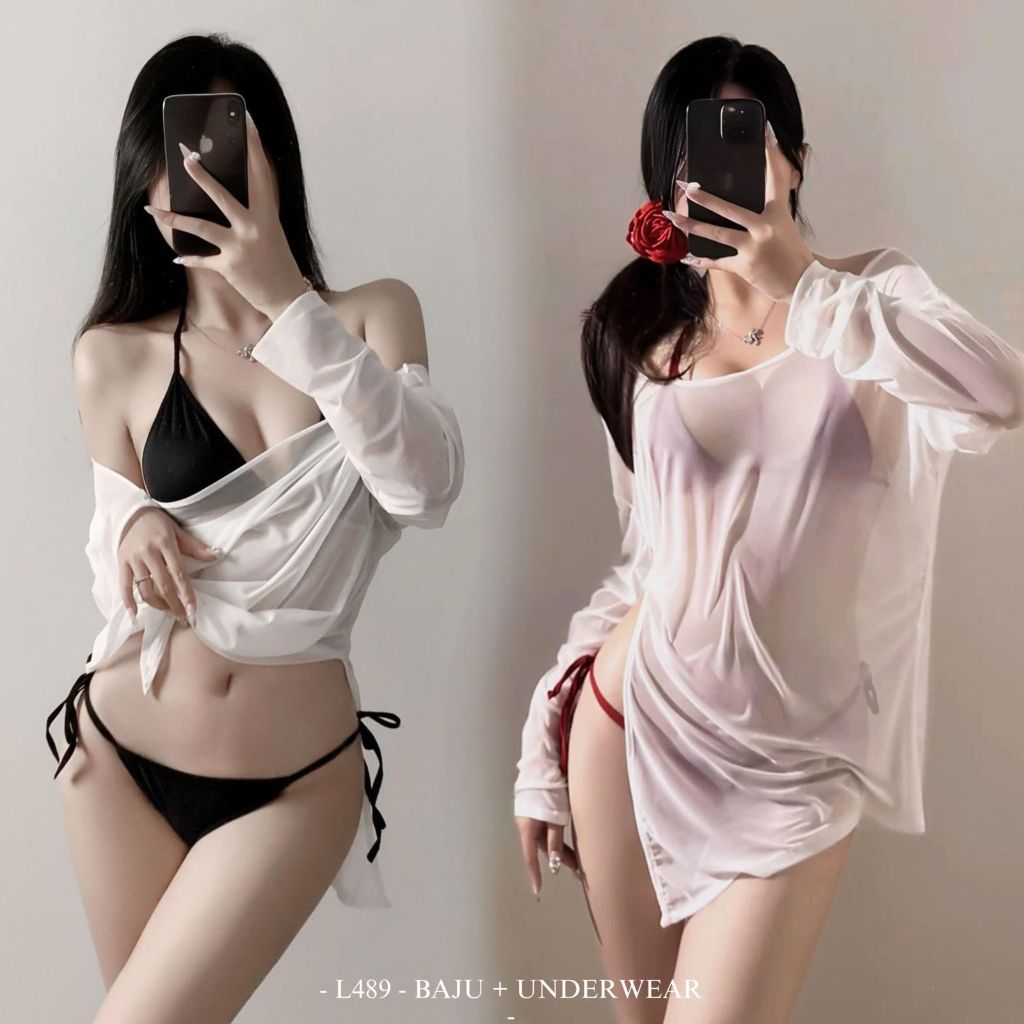 Atasan Wanita Bigsize Bahan Nylon Spandek, Baju Pantai Transparan dengan Bra dan CD, Warna Hitam Mar