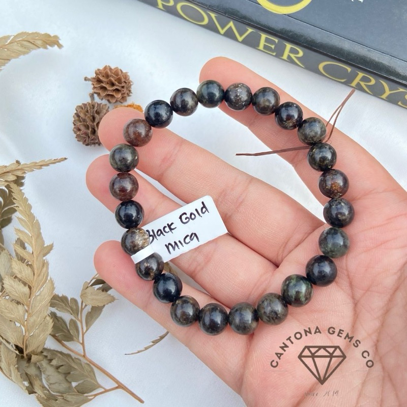 Gelang Batu Alam Asli Black Gold Mica 8mm