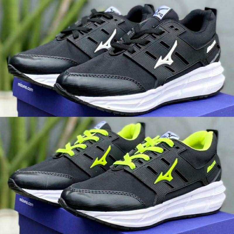 Sepatu Mizuno hitam putih stabilo merah olahraga joging sport running lari gym fitness zumba pria wa