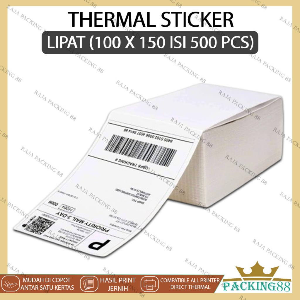 Kertas Thermal Sticker LIPAT 100X150 Isi 500 PCS Cetak Stiker Label Murah Nota Printer Resi Usaha Ju