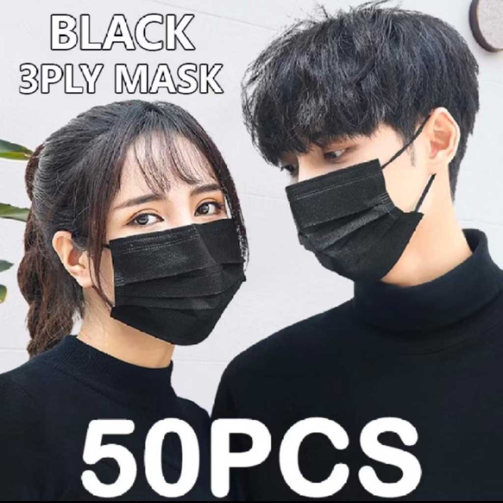 Masker Hitam 3ply isi 50 Bahan Lembut Tebal Kuat / Masker Disposabel Warna Hitam