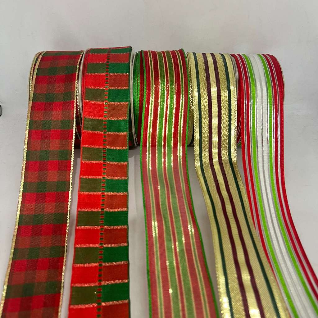 (1 Roll) Pita Natal List Kawat Bahan Kain Tile 4cm x 25 Yard Motif Tartan Glitter Organdi Organza
