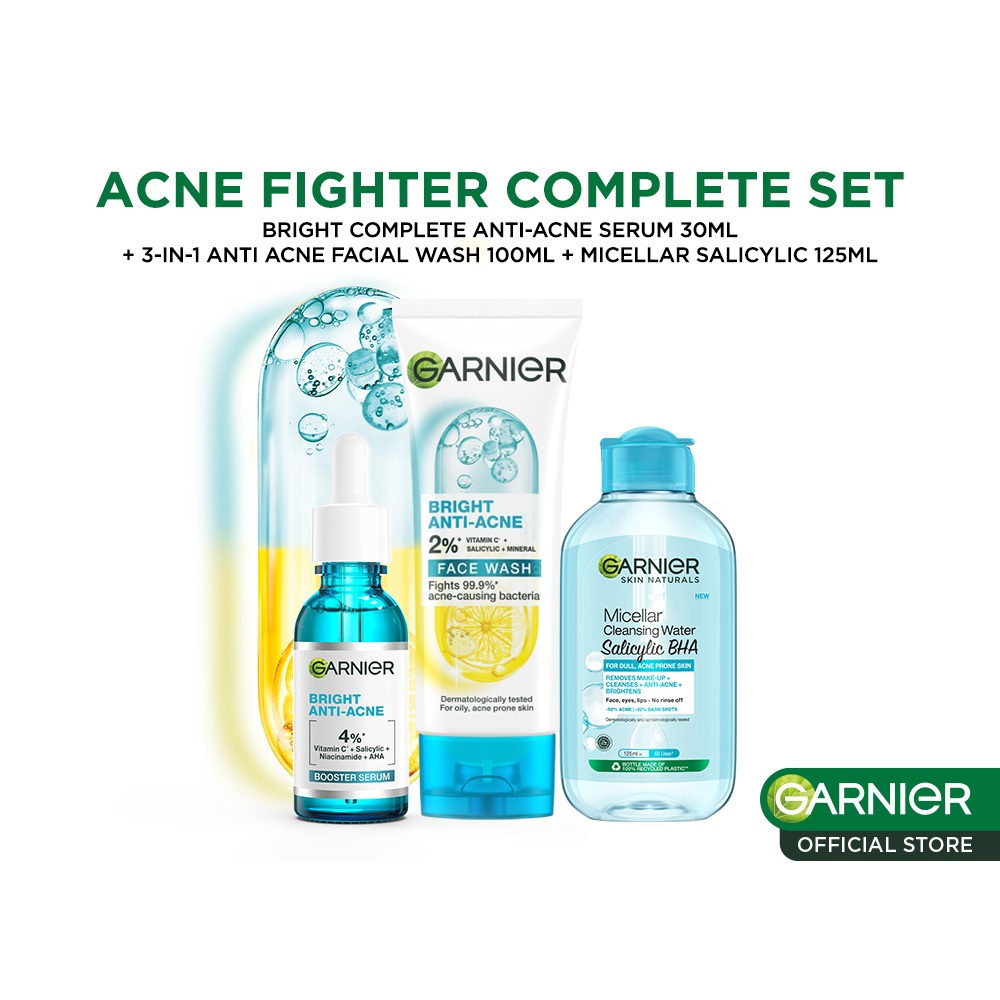 Paket Skincare Garnier Bright Complete Anti Acne Complete Set Untuk Maksimal  Lawan Jerawat dan Beka