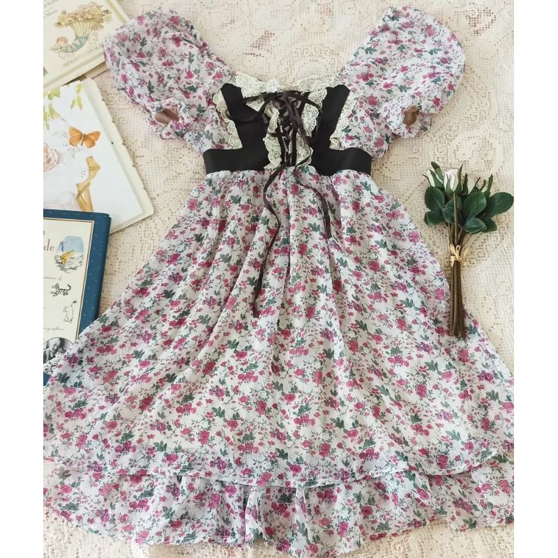 mini dress floral pink putih bunga