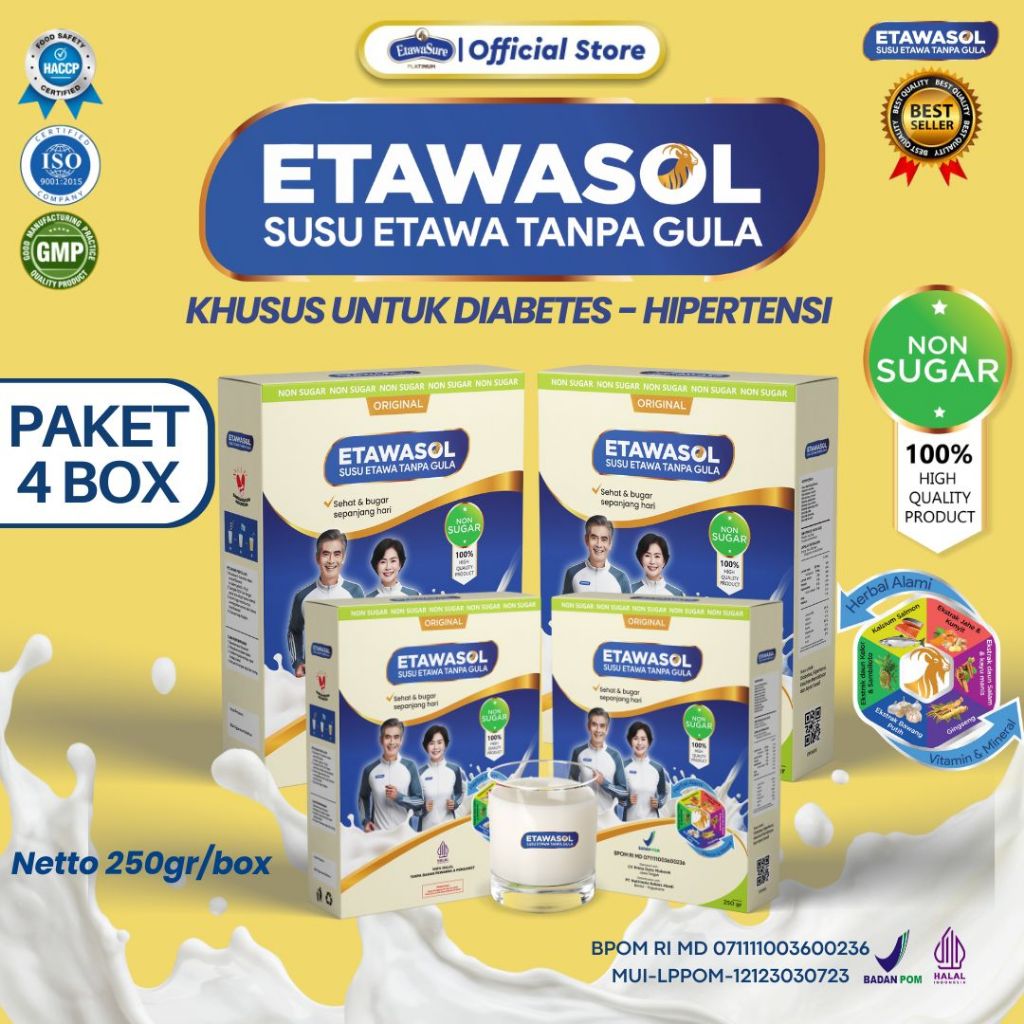 

Etawasol - Susu Kambing Etawa Tanpa Gula Untuk Diabetes, Hipertensi, Nyeri Sendi & Pernafasan-4 Box