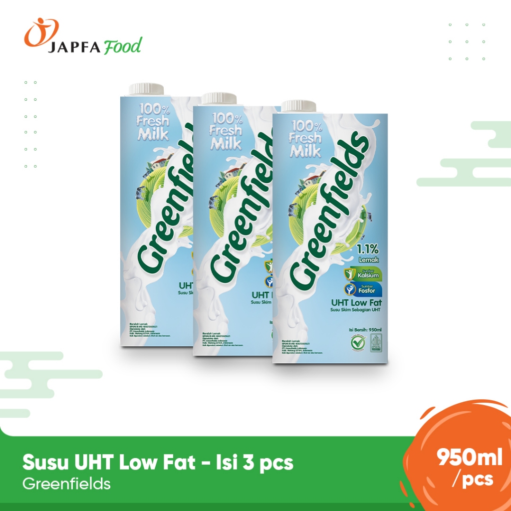 

Greenfields Susu UHT Low Fat / Rendah Lemak 950ml - Paket Isi 3 - 100% Fresh Milk dari Greenfields Farm