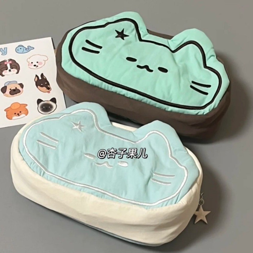 

Cute Cat Mint Green Pencil Bag Sea Salt Cheese Large Capacity Female Middle School Students High Beauty Pencil Bag Stationery Box