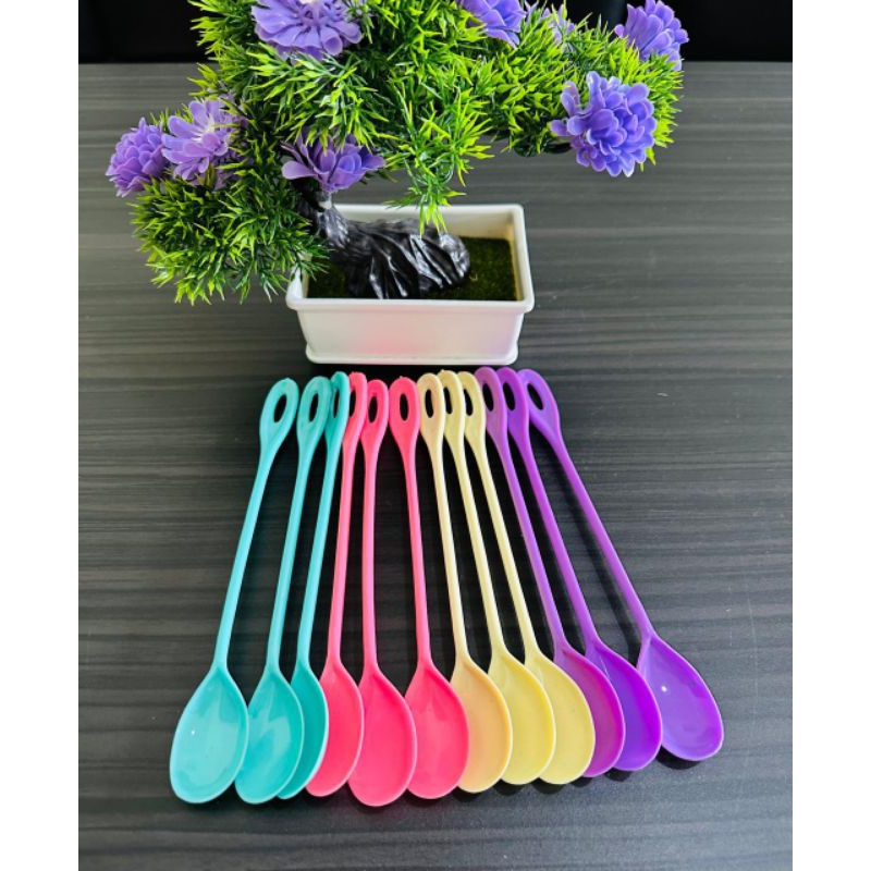 SENDOK PANJANG PLASTIK ES WARNA PASTEL 12 PCS