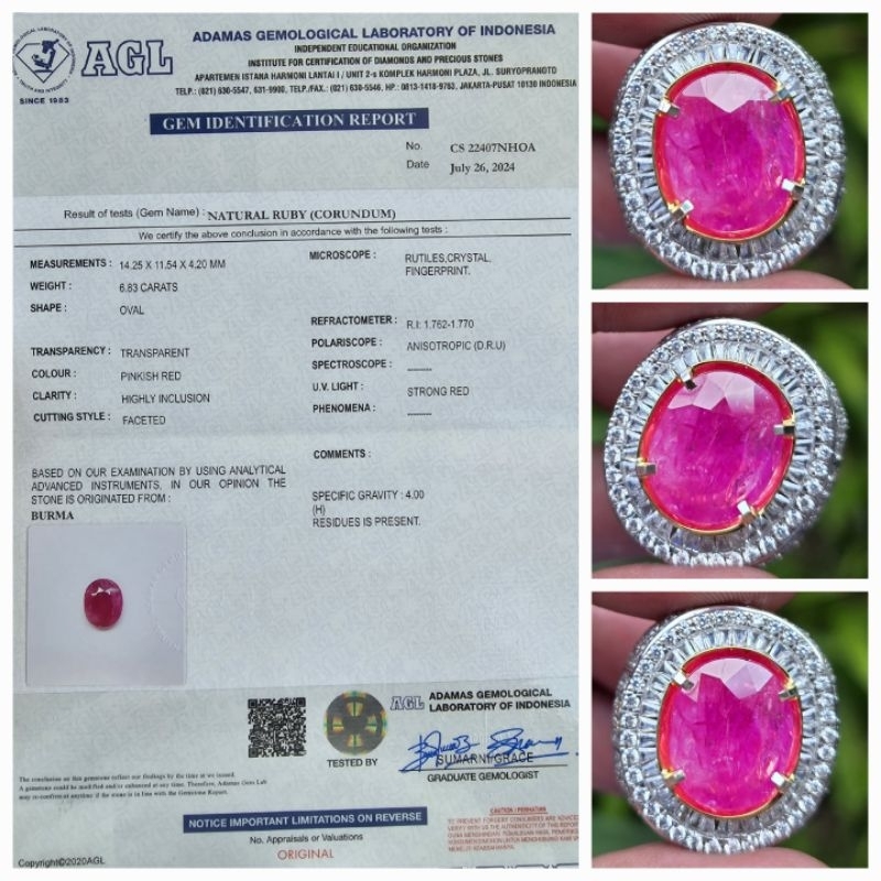 Natural Pinkish Red Ruby Burma Myanmar Sertifikat AGL 6.83 crt
