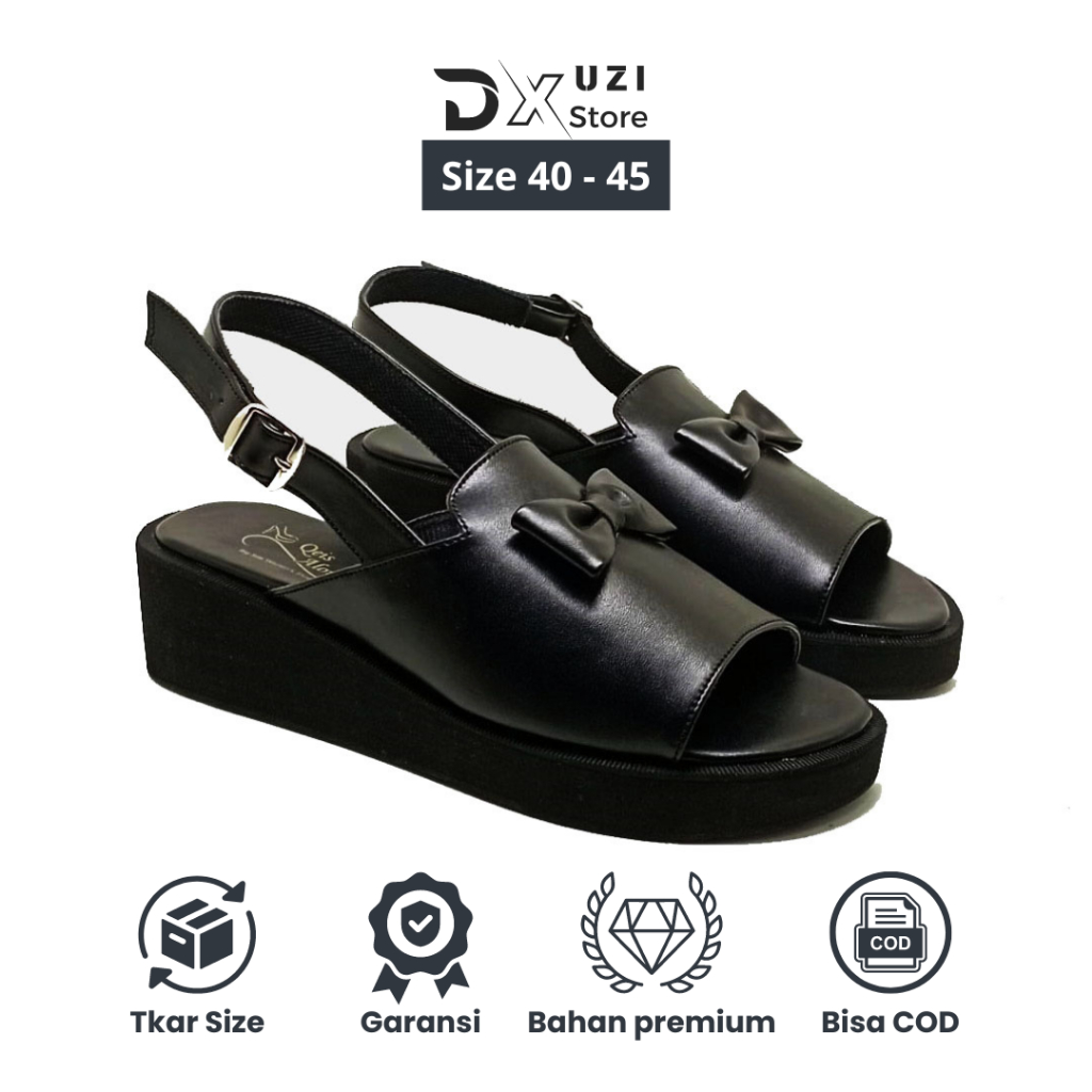 Elvetta Black | Sandal Wanita Selop Big Size Jumbo | Wedges Pesta Casual Cewe Premium