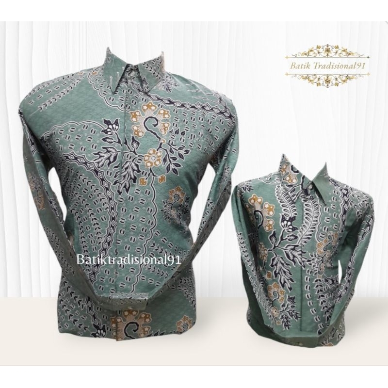 Batik Couple Ayah dan Anak Katun Solo Hijau Tosca Muda