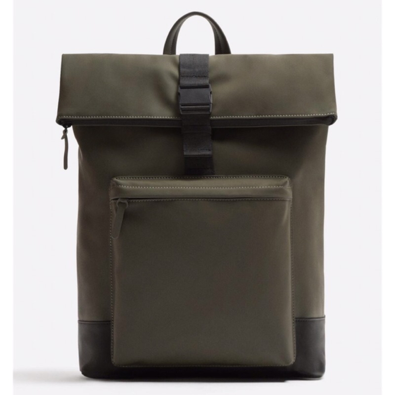 ZARA Men Bag Rubberised Backpack With Flap Tas Ransel Pria Khaki Green