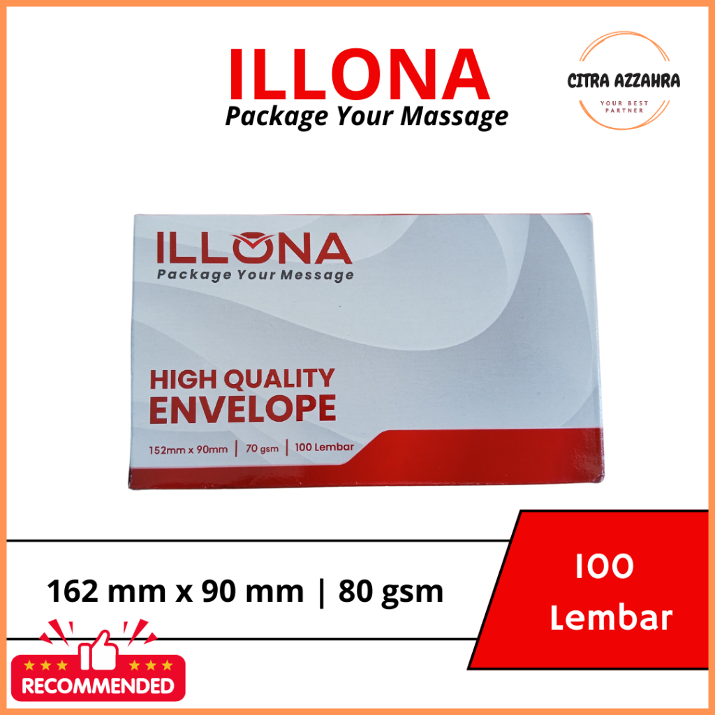 

AMPLOP ILLONA PUTIH POLOS DENGAN LEM PEREKAT 80gsm 152x90mm 1 BOX ISI 100 LEMBAR (BOX MERAH)
