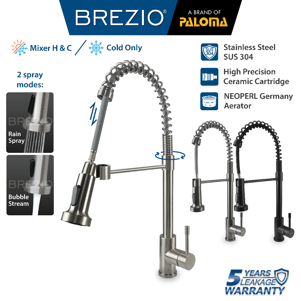 BREZIO Keran Dapur Cuci Piring Fleksibel Tarik Kran Air Sink Flexible Pull Out Down Mixer Panas Ding