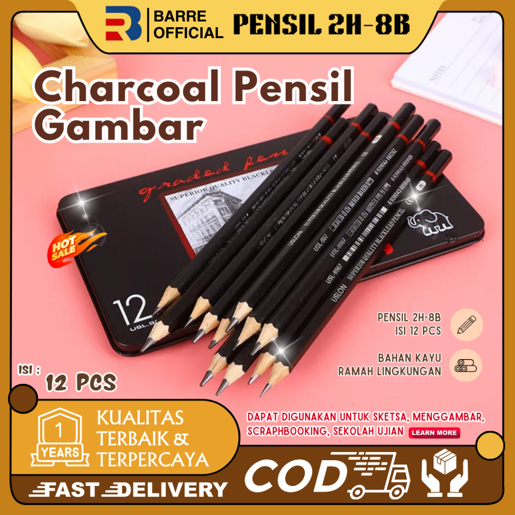 

BARRE 12 Pcs Charcoal Sketch Pencil Set 2H H F B HB 2B 3B 4B 5B 6B 7B 8B Pensil Sketsa Set Lengkap