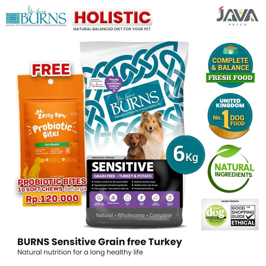 Burns Sensitive Grain Free Dog Food Holistic Turkey & Potato 6kg Adult & Senior - Makanan Anjing Ker