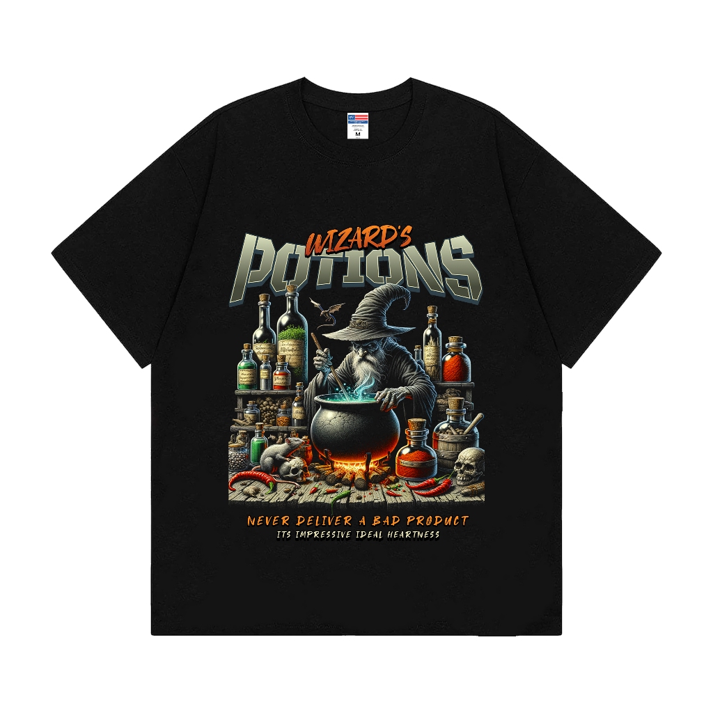 HEARTNESS Kaos Streetwear Pria Wanita Wizard Vintage Black Cotton Combed 24s