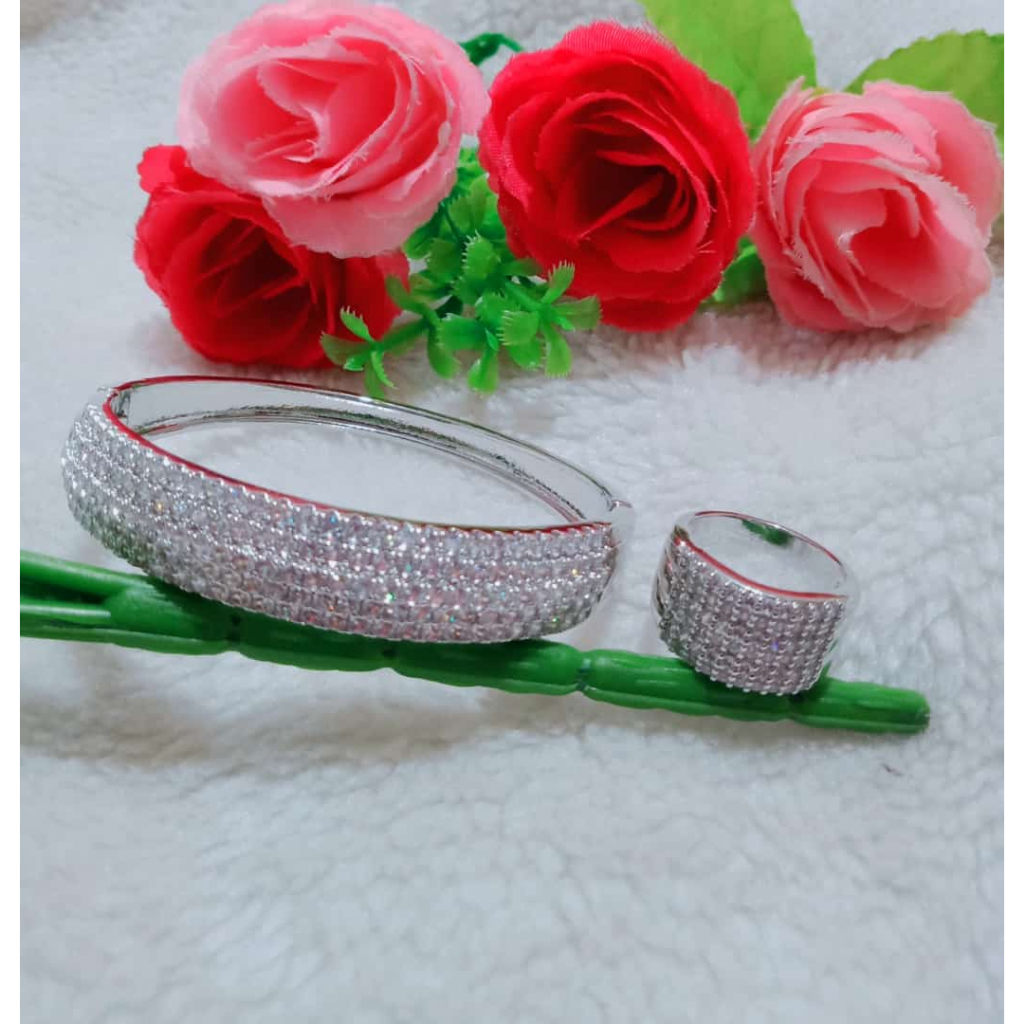 Gelang Bangkok Set Cincin berlian Xuping full Permata Tanam Titanum Anti karat