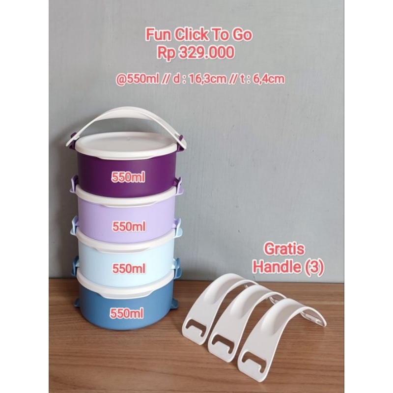 Tupperware FUN CLICK TO GO 550ML WITH GIFT 3 Pcs Handle, Rantang 4 tingkat