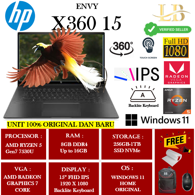 Laptop Touchscreen HP Envy x360 15 Amd Ryzen 5 7530U 8GB 512GB SSD 15" FHD IPS Touchscreen Win11