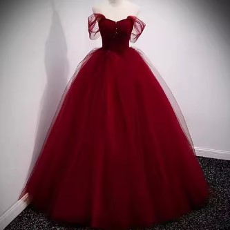 Real Picture Wine Red Sweet Girl Birthday Party Dresses Off Shoulder Beads Puffy Dress Prom Evening
