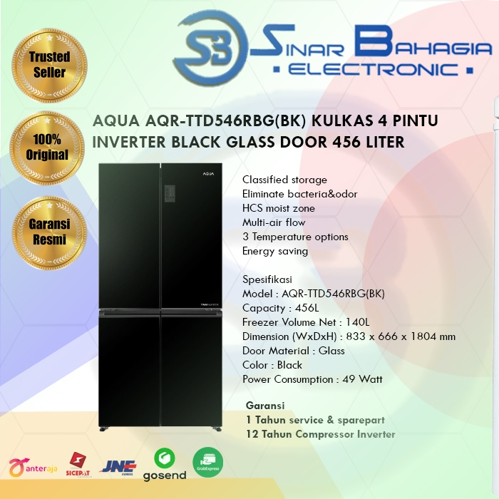 AQUA AQR-TTD546RBG(BK) KULKAS 4 PINTU INVERTER BLACK GLASS DOOR 456 LITER 49 WATT 833 X 666 X 1.804 