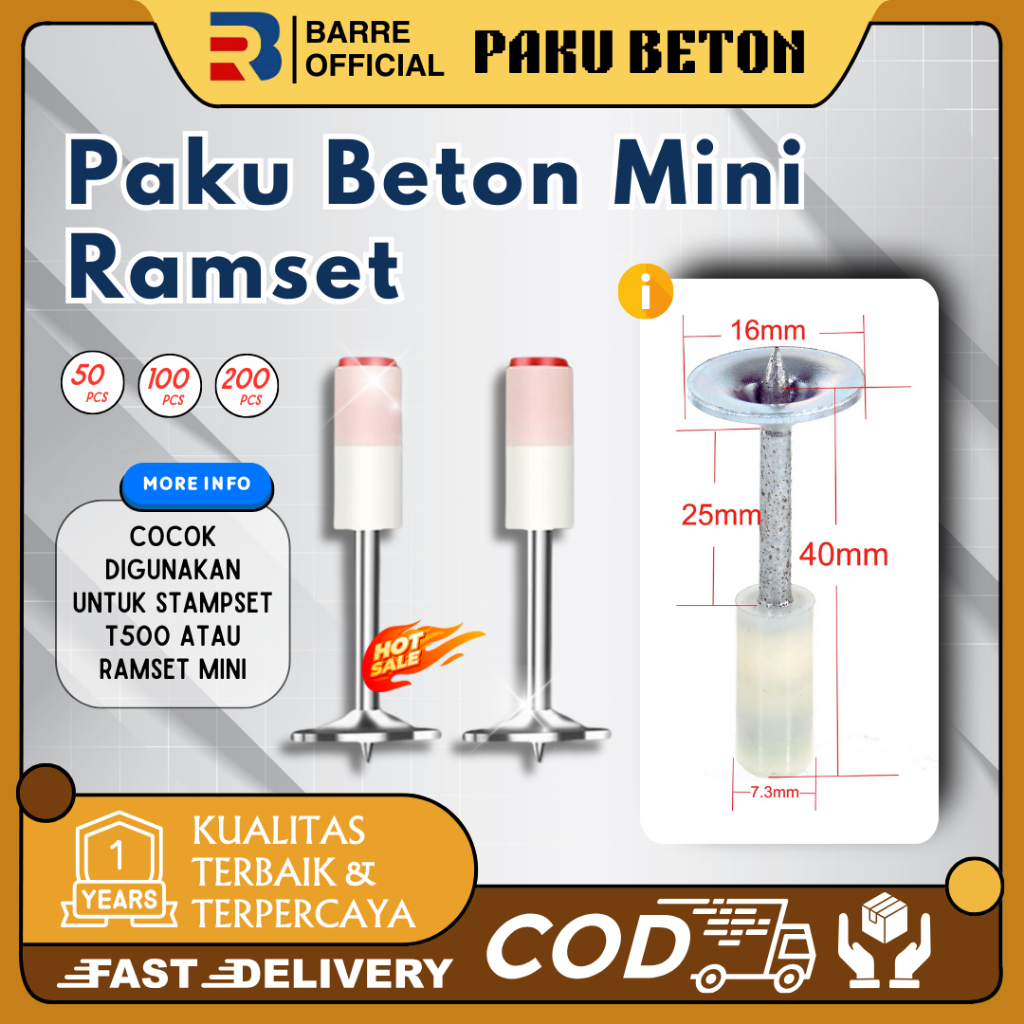 BARRE Paku Beton Mini Ramset 7.3MM 100Pcs Paku Mini Nail Fastening T-Rex Mini Diameter 7,3 Mm