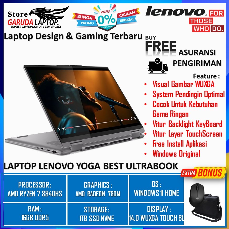 LAPTOP 2in1 LENOVO YOGA 7 14 AMD RYZEN 7 8840HS 16GB 1TB SSD RADEON 780M 14.0 WUXGA TOUCH BL WIN11HO