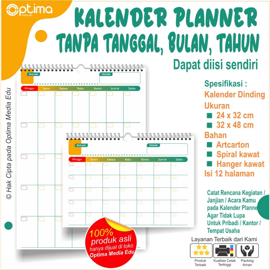 

Kalender Planner Kosongan / Tanpa Tanggal, Bulan, Tahun (Dapat Diisi Sendiri) 12 Lembar