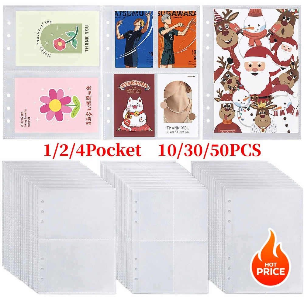 

10/30/50 Pack A5 Binder Pockets, 3 Size Double-Sided Card Binder Sleeves for 6 Ring Binde(4 Pocket 2 Pocket 1 Pocket)