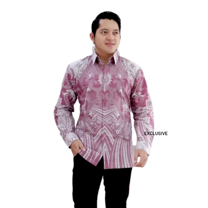 BATIK pria Motif Perabu Warna Pink Hem Atasan Kemeja Baju Batik Pria Cowok Laki Laki Slimfit Full La
