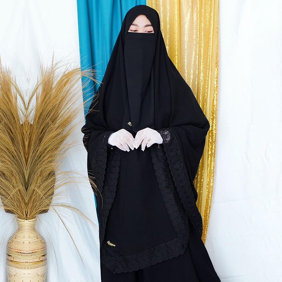 Aqueenah - Khimar Zainah Renda Hijab Instant Syari Jilbab Jumbo Hitam Jetblack Premium