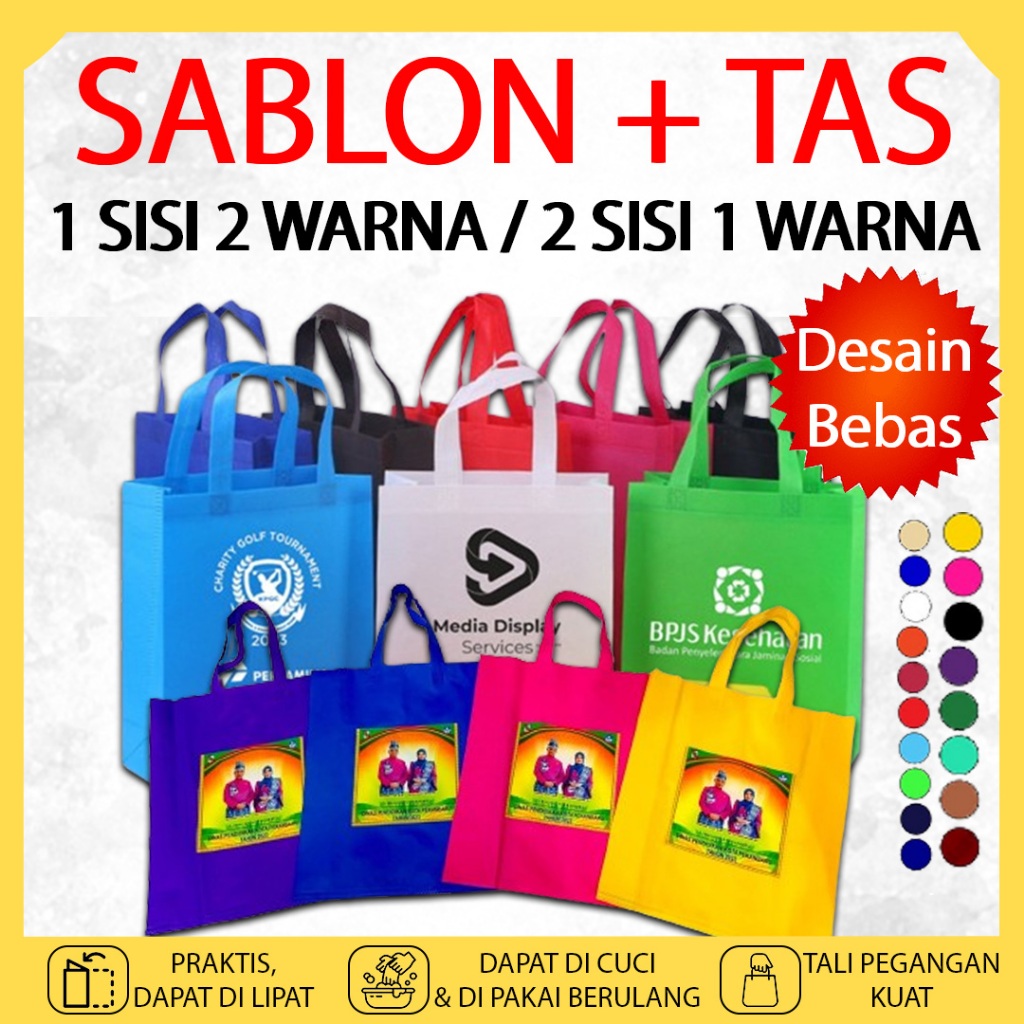

CUSTOM SABLON PLUS TAS Goodie Bag HANDLE 1 SISI 2 WARNA / 2 SISI 1 WARNA Kantong Tas Belanja Totebag Spunbond Hampers Souvenir