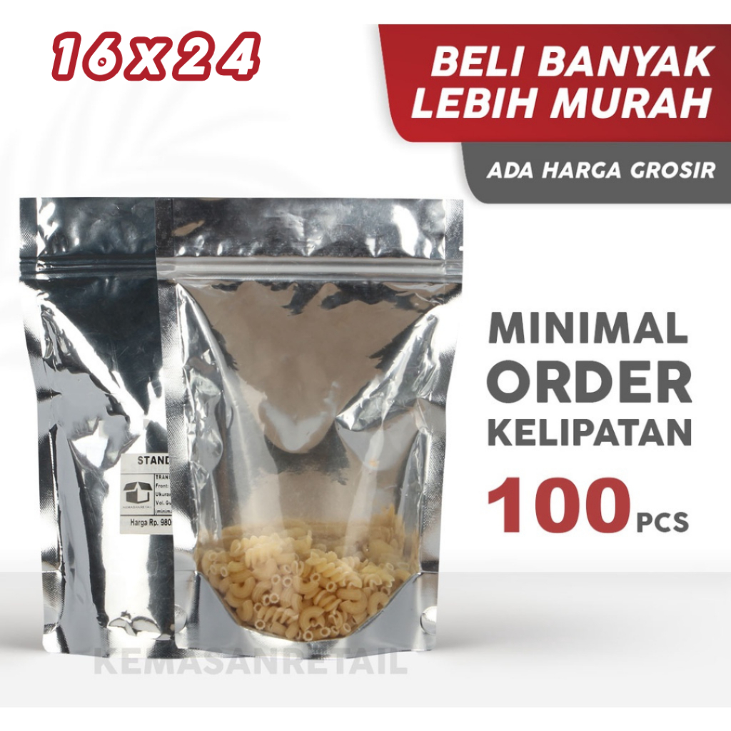 Kemasan Standing Pouch Transmet Kombinasi Silver 16x24 cm - Plastik Ziplock Makanan - Kemasan Kopi U