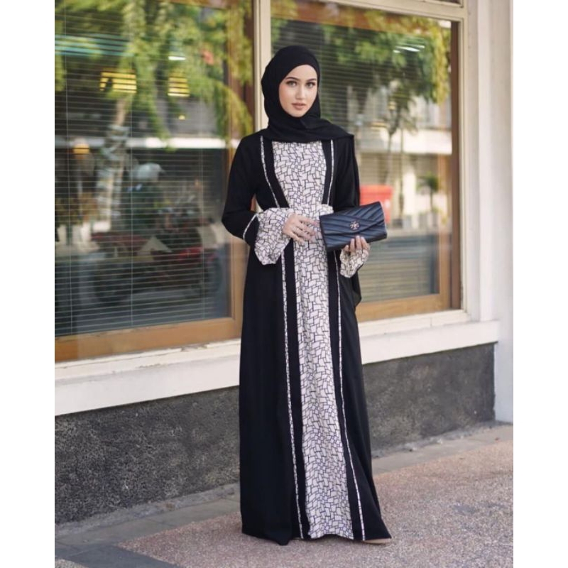 Abaya gamis hitam kombinasi kain motif fremium