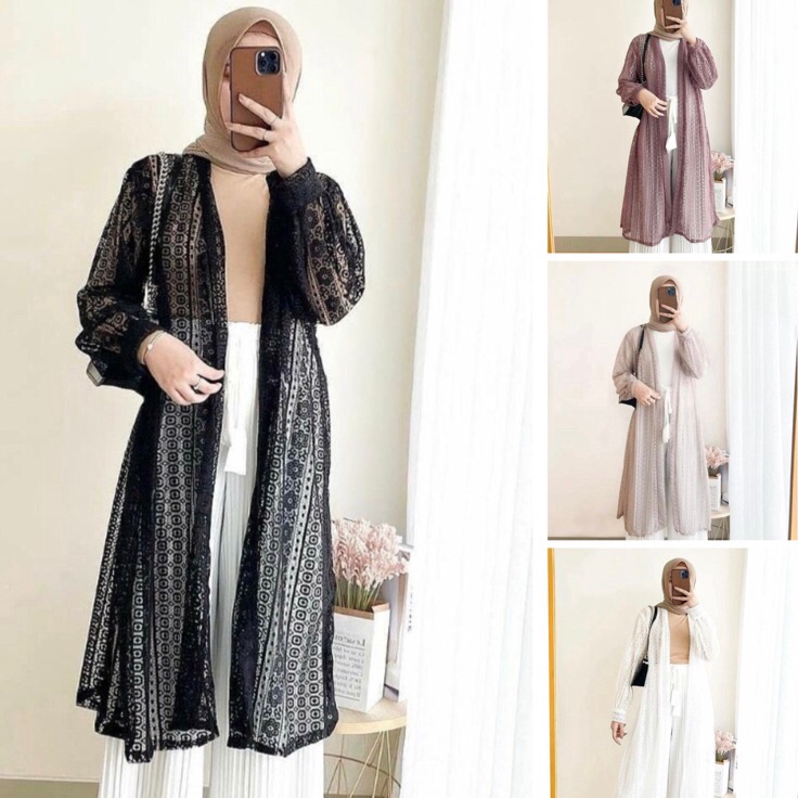 Grosir Outerwear Long cardan brukat  outer brukat panjang lengan balon baju kondangan wanita